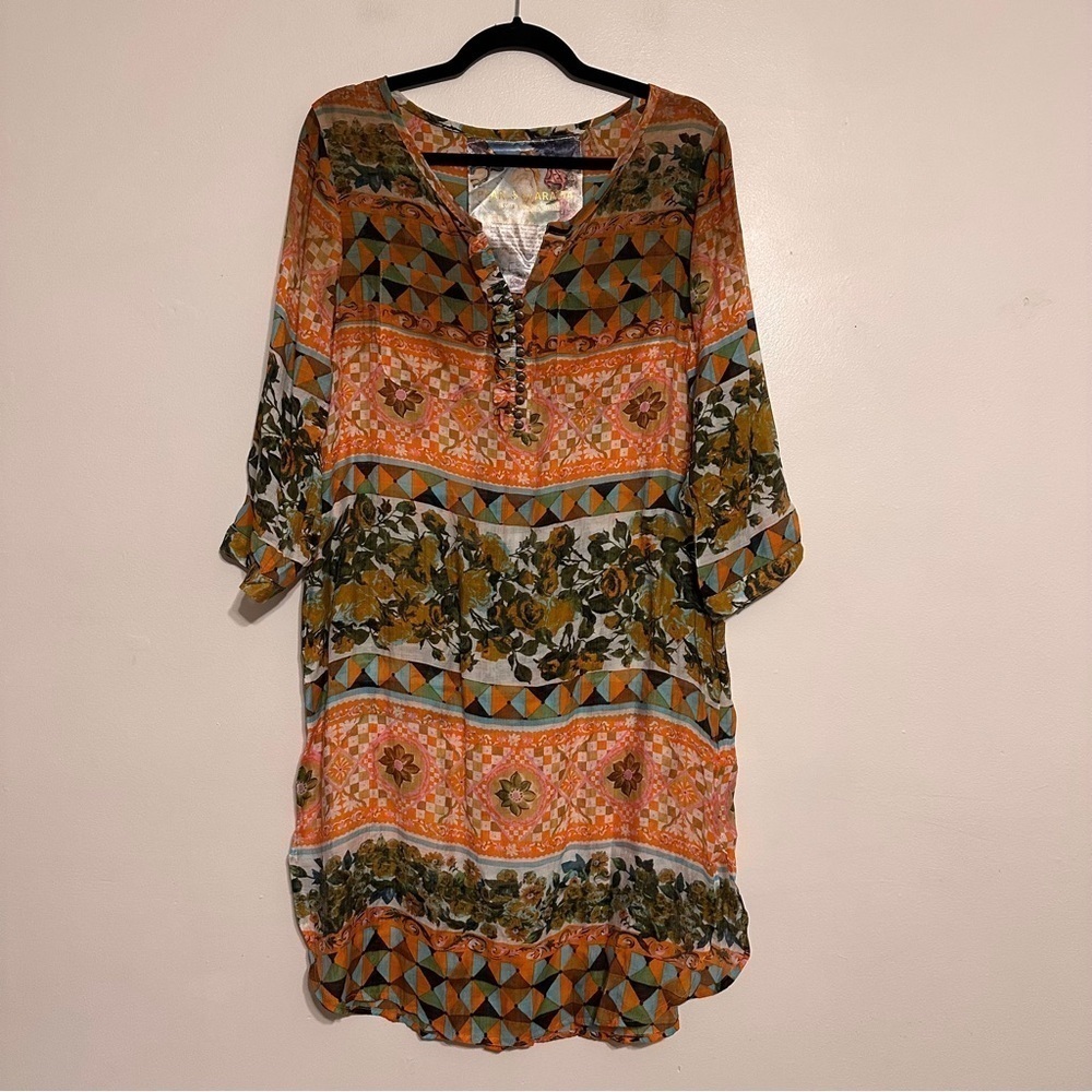 Pearls by Aratta Mixed Pattern Tunic Shirt Dress Top Long Sleeve size Medium